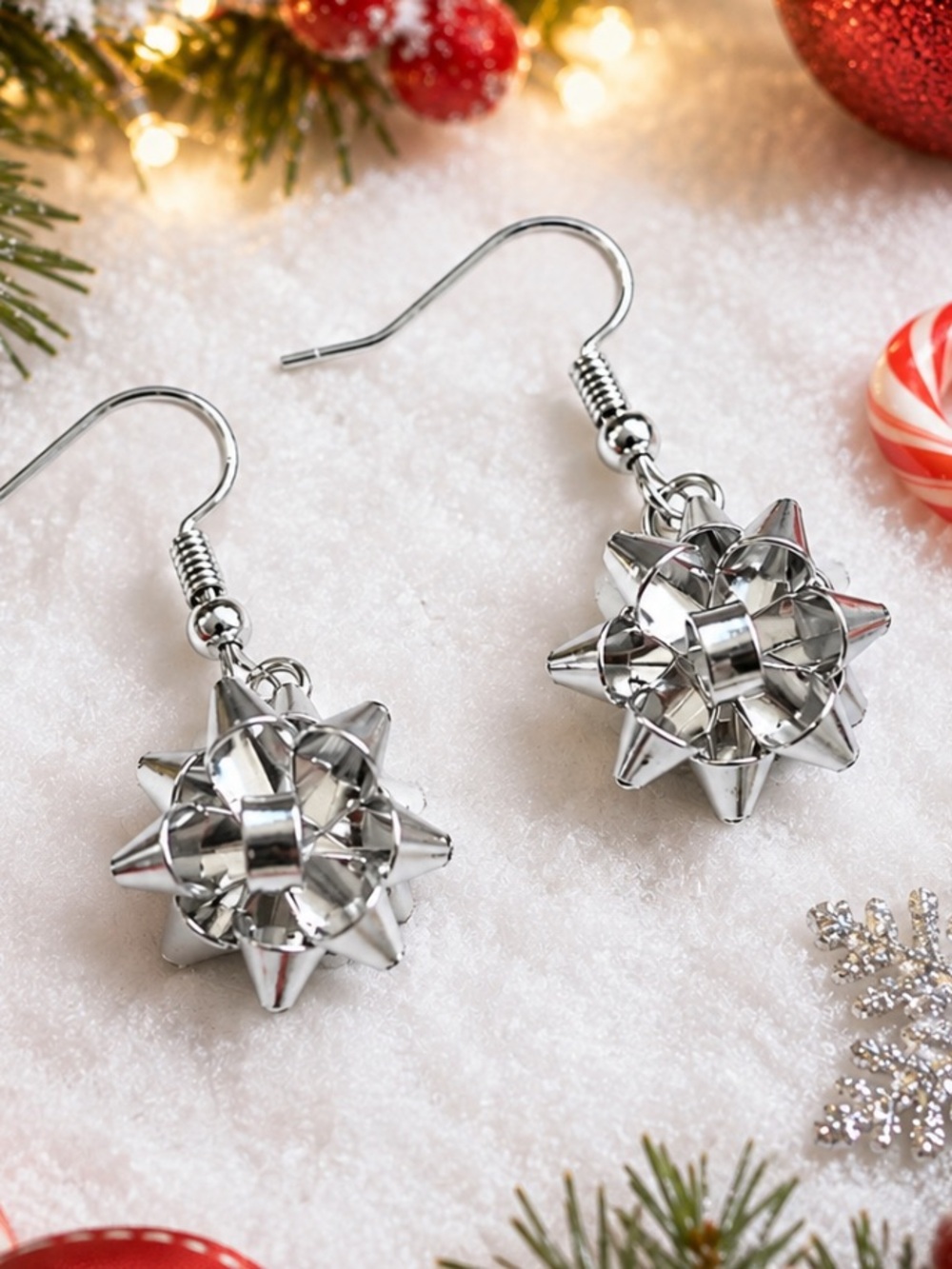 Silver Bow Drop Earrings